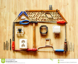home improvement concept house made up various tools equipment improving house wooden floor background 57655426